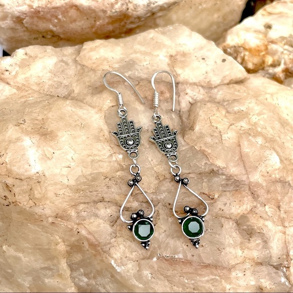 Chrome Diopside Hamsa hand drop earrings NWT - Picture 3 of 5
